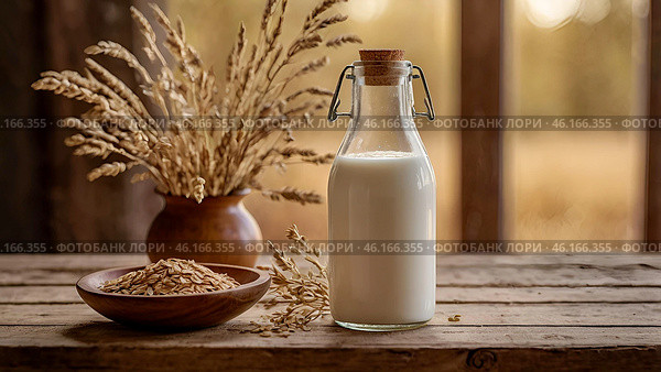 Organic natural oat milk in a glass bottle on a stylish wooden board and plants. Natural, environmentally friendly products. Стоковое AI-изображение, AI-художник Photojuli / Фотобанк Лори