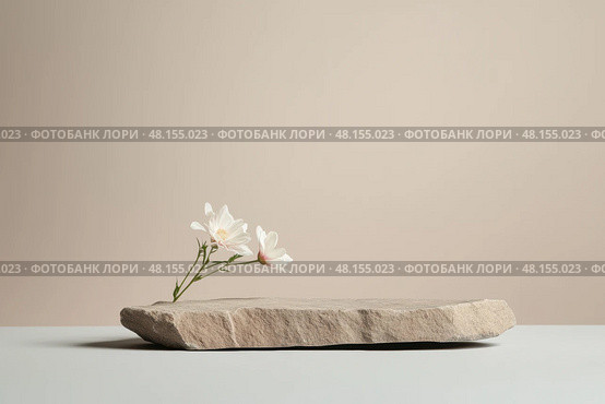 Organic showcase. Minimal abstract composition of brown stones, dry natural plants, flower on pastel beige and cream white background. Front view, copy space. Trendy earthy, taupe, greige colors. Стоковое AI-изображение, AI-художник Марина Демидюк / Фотобанк Лори