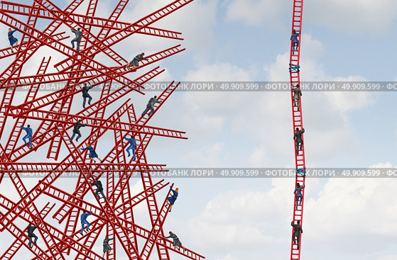 Organized business concept as a group of confused people on tangled ladders in chaos with another organization working together as a coordinated team to form an efficient solution with 3D illustration elements. Стоковое фото, агентство Ingram Publishing / Фотобанк Лори