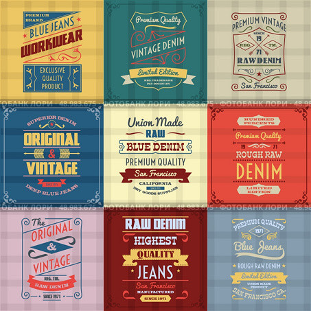 Original authentic denim jeans genuine typography labels emblems design icons collection colored background abstract isolated vector illustration. Denim typography background color set. Стоковая иллюстрация, агентство Ingram Publishing / Фотобанк Лори