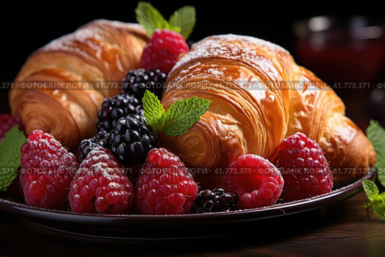 Original composition - French croissant with strawberries, almonds, mint on a plate. Light background. Restaurant, hotel, cafe, confectionery, home comfort. Стоковое AI-изображение, AI-художник Ирина Михайличенко / Фотобанк Лори