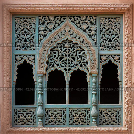 Ornament lattice window in india. Стоковое AI-изображение, AI-художник Михаил Коханчиков / Фотобанк Лори