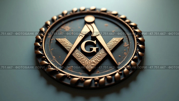 Ornate bronze masonic emblem with square and compasses. Стоковое AI-изображение, AI-художник Андрей Бакусов / Фотобанк Лори
