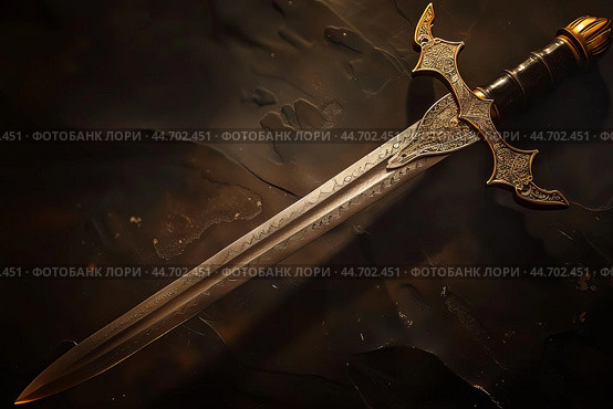 Ornate fantasy sword resting on dark stone surface. Стоковое AI-изображение, AI-художник Иван Рябоконь / Фотобанк Лори