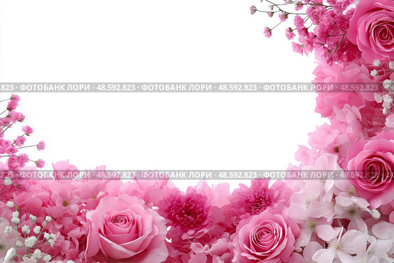 Ornate Floral Border with Soft Pink Roses, Elegant Advertisement Flyer Design, copy space. Витиеватая цветочная рамка с нежно-розовыми розами, элегантный дизайн рекламного флаера, место для копирования. Стоковое AI-изображение, AI-художник Katsiaryna Repich / Фотобанк Лори