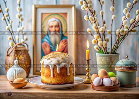 Orthodox Easter. Easter cake, painted eggs, icons, faces of saints, flowers, church candles and Easter decor on a wooden table in an old village house. Стоковое AI-изображение, AI-художник Photojuli / Фотобанк Лори