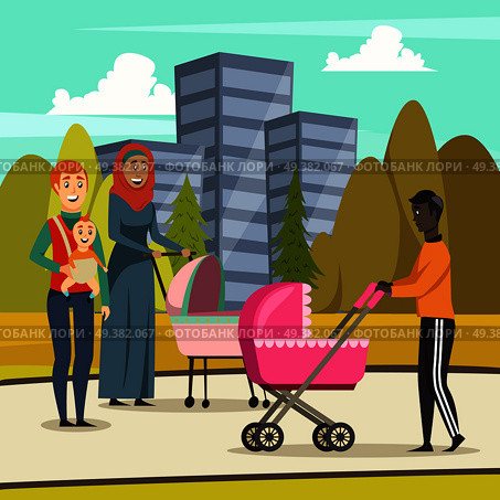 Orthogonal background with fathers and infants at stroll in city park during parental leave vector illustration. Fathers Parental Leave Orthogonal Background. Стоковая иллюстрация, агентство Ingram Publishing / Фотобанк Лори