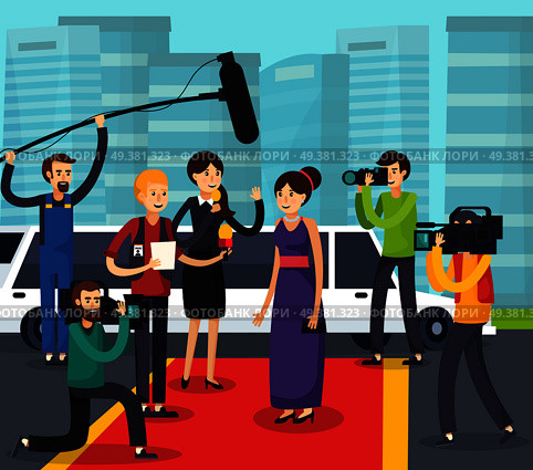Orthogonal composition with reporters, cameramen and photographers near celebrity on red carpet on city background vector illustration . Reporters And Celebrity Orthogonal Composition. Стоковая иллюстрация, агентство Ingram Publishing / Фотобанк Лори