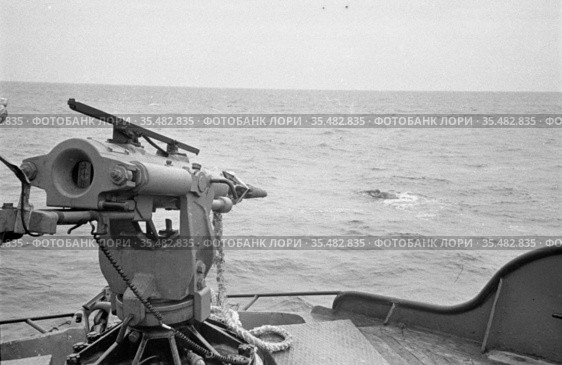 Орудие для охоты на китов на палубе морского судна, китобойная гарпунная пушка Советского образца, морская гладь уходящая вдаль до горизонта на заднем плане, остров Ратманова, Чукотка, 1970 год. Стоковое фото, фотограф Варфоломей Тетерин / Фотобанк Лори
