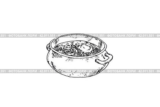 Открытый чугунок (кастрюля) с супом. Репродукция графического рисунка со старинной книги сделана в январе 2024 года. Редакционное фото, фотограф Сергей Никифоров-Гордеев / Фотобанк Лори