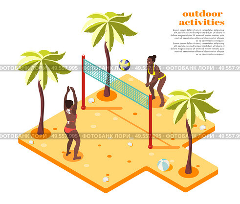 Outdoor activities isometric composition with two girls in swimsuit playing beach volleyball on south sandy coast vector illustration. Стоковая иллюстрация, агентство Ingram Publishing / Фотобанк Лори