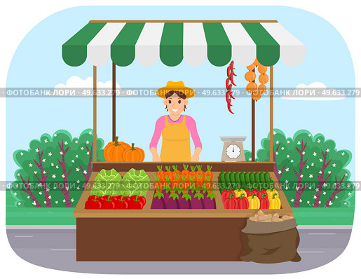 Outdoor farm products store. Woman sells natural vegetables grown in garden vector illustration. Selling food in bazaar. Stall with fresh vegetables. Girl weighs goods. Farming and agronomy concept. Outdoor farm products store. Woman sells natural vegetables grown in garden. Selling food in bazaar. Стоковая иллюстрация, агентство Ingram Publishing / Фотобанк Лори