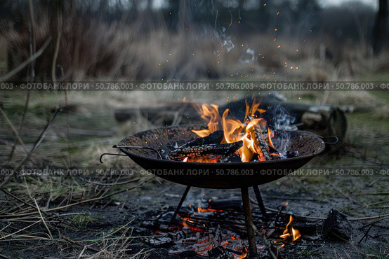 Outdoor fire pit with burning wood in natural setting. Стоковое AI-изображение, AI-художник Иван Рябоконь / Фотобанк Лори