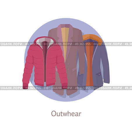 Outerwear Web Banner. Winter Collection for Man. Outerwear web banner. Winter collection. Stylish fashionable man coat garment from popular designers. Best world brands trends. New collection of outwear models. For store, boutique ad. Vector. Стоковая иллюстрация, агентство Ingram Publishing / Фотобанк Лори
