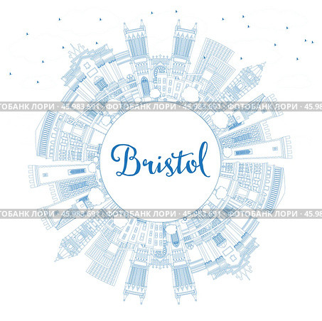 Outline Bristol UK City Skyline with Blue Buildings and Copy Space. Стоковая иллюстрация, иллюстратор Игорь Сорокин / Фотобанк Лори
