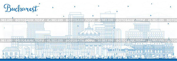 Outline Bucharest Romania City Skyline with Blue Buildings. Стоковая иллюстрация, иллюстратор Игорь Сорокин / Фотобанк Лори