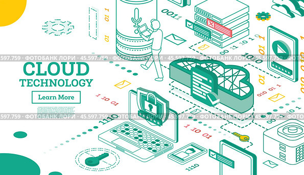Outline Isometric Cloud Technology Networking Concept. Стоковая иллюстрация, иллюстратор Игорь Сорокин / Фотобанк Лори
