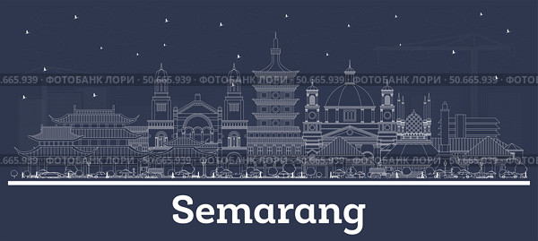 Outline Semarang Indonesia City Skyline with white Buildings. Business Travel and Concept with Modern Architecture. Semarang Cityscape with Landmarks. Стоковая иллюстрация, иллюстратор Игорь Сорокин / Фотобанк Лори