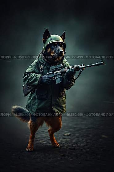 Овчарка - солдат атакует врага в клубах дыма. Советский стиль. Милитари. The shepherd soldier attacks the enemy in a puff of smoke. Soviet style. Military. Стоковое AI-изображение, AI-художник Смирнова Светлана / Фотобанк Лори