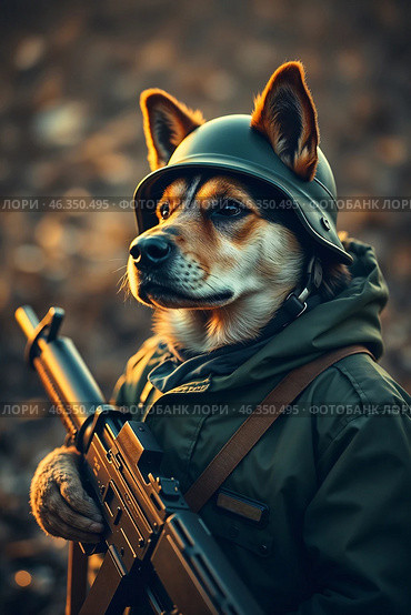 Овчарка - солдат на посту. Реалистичный стиль, милитари. The shepherd is a soldier on duty. Realistic style, military style. Стоковое AI-изображение, AI-художник Смирнова Светлана / Фотобанк Лори