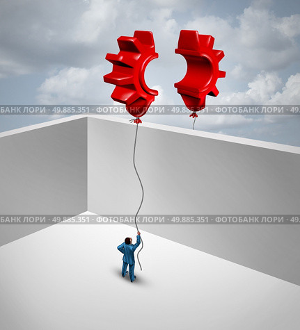 Overcome business barriers as two partners separated by walls in a joint effort to merge two flying red balloons shaped as half a gear or cog as a symbol for trade success and global trade solutions. Стоковое фото, агентство Ingram Publishing / Фотобанк Лори