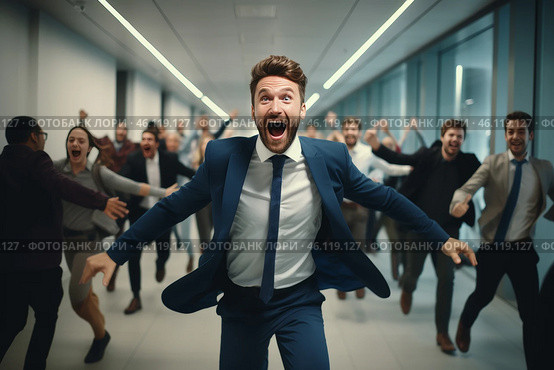 Overjoyed employee celebrating with coworkers in a vibrant office environment during a fun team-building activity. Стоковое AI-изображение, AI-художник Sergey Grishin / Фотобанк Лори