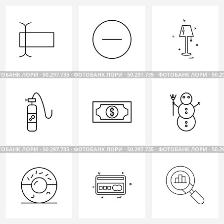 Pack of 9 Universal Line Icons for Web Applications money, cash, light, bill, oxygen tank Vector Illustration. Стоковая иллюстрация, агентство Ingram Publishing / Фотобанк Лори