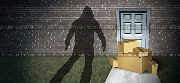 Package theft and porch pirate thief stealing packages from a home delivered to a front door as a burglar robbing boxes from a doorstep with 3D illustration elements. Стоковое фото, агентство Ingram Publishing / Фотобанк Лори