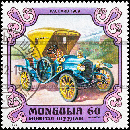 Packard 1909 года. Марка Монголии 1980 года. Стоковое фото, фотограф Владимир Макеев / Фотобанк Лори