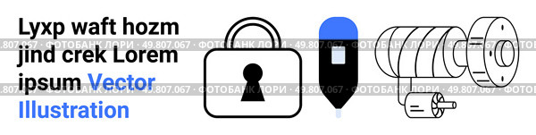 Padlock, USB drive, and security camera icons adjacent to placeholder text. Ideal for cybersecurity, digital data protection, surveillance systems, technological devices, privacy solutions, network. Stylized Padlock, USB Drive, and Security Camera Icons with Sample Text. Стоковая иллюстрация, агентство Ingram Publishing / Фотобанк Лори