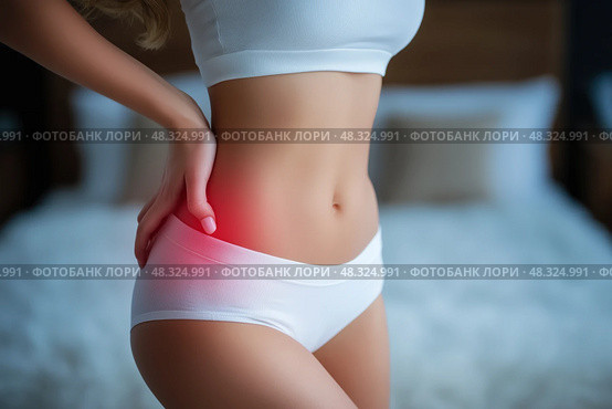 Pain in right side, kidney inflammation, woman suffering from backache at home. Стоковое AI-изображение, AI-художник Станислав Тарко / Фотобанк Лори