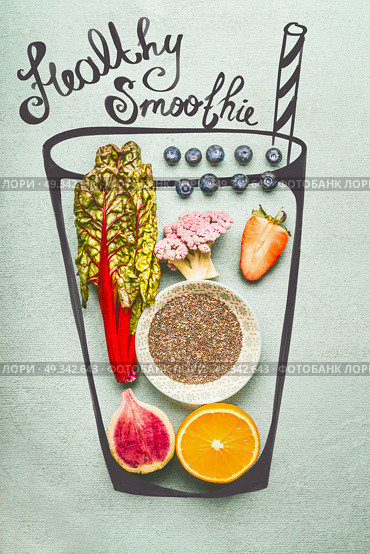 Painted glass with smoothie or detox drink ingredients: Chia seeds, orange, pink broccoli,strawberries, blueberries and red chard or kale leaves, top view. Стоковое фото, агентство Ingram Publishing / Фотобанк Лори