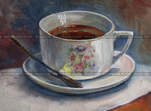 Painting texture oil painting still life, a cup of tea, painted color image. Стоковая иллюстрация, иллюстратор Aleksandra Serova / Фотобанк Лори