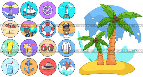 Palm tree isolated at white, cartoon style, exotic tree with coconuts at sand beach at Jeju, lighthouse, ship, helm, umbrella, exotic cocktail, lifebuoy, lemonade, sunglasses, sailor, starfish. Jeju palm tree isolated at white, cartoon style, collection of nautical or sea symbols, vector flat style. Стоковая иллюстрация, агентство Ingram Publishing / Фотобанк Лори
