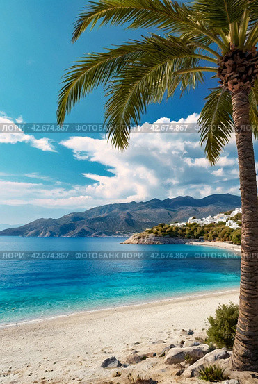 Palm tree on mountain against backdrop of azure Aegean Sea, lush mountains, fluffy clouds in blue sky and beach with white sand and people. Concept of relaxation, recreation and travel. Copy space. Стоковое AI-изображение, AI-художник Aleksandr Golubev / Фотобанк Лори