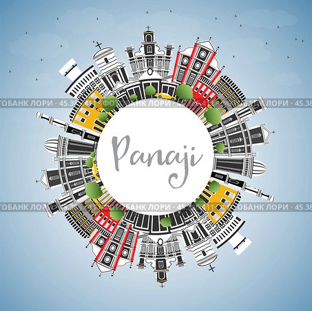 Panaji India City Skyline with Color Buildings, Blue Sky and Copy Space. Стоковая иллюстрация, иллюстратор Игорь Сорокин / Фотобанк Лори