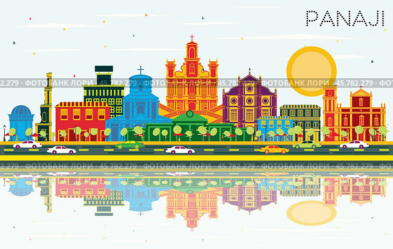Panaji India City Skyline with Color Buildings, Blue Sky and Reflections. Стоковая иллюстрация, иллюстратор Игорь Сорокин / Фотобанк Лори