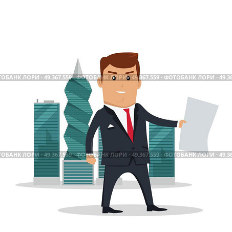 Panama Documents Concept Flat Vector Illustration. Man in business suite with sheet of paper on panama-city skyscrapers background. Public corruption disclosure. International financial investigation concept. Offshore documents scandal illustration. Стоковая иллюстрация, агентство Ingram Publishing / Фотобанк Лори