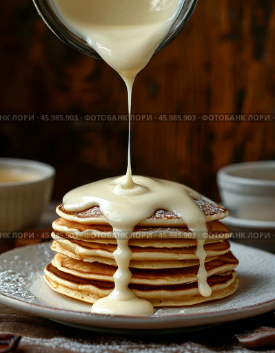 Pancakes with condensed milk. Pancake week. Maslenitsa is an Eastern Slavic traditional holiday celebrated a week before Lent. Стоковое AI-изображение, AI-художник Сергей Елизарьев / Фотобанк Лори