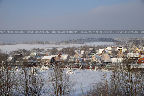 Panorama of Klin-Dmitrovsky ridge with villages on winter sunny day, Sergiev Posad district, Moscow region, Russia (2018 год). Стоковое фото, фотограф Алексей Антипов / Фотобанк Лори