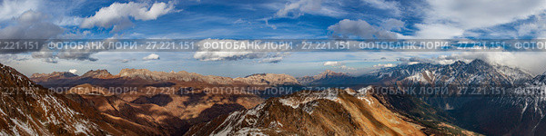 Панорама с Цейского хребта, Скалистый хребет, Кионский массив, Боковой хребет, Кавказ, Северная Осетия. Стоковое фото, фотограф Артур Акопян / Фотобанк Лори