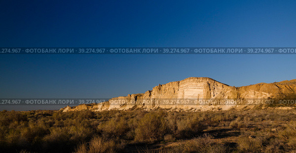 Panorama view to Plateau Ustyurt from the edge of Aral sea near Aktumsuk cape at sunrise, Karakalpakstan, Uzbekistan (2017 год). Стоковое фото, фотограф Сергей Майоров / Фотобанк Лори