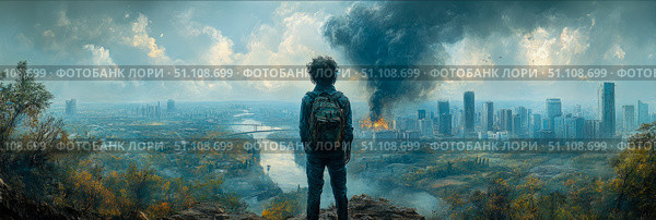 Panoramic view of lone figure with backpack overlooking vast cityscape, witnessing large fire and billowing smoke rising from urban sprawl under cloudy sky. Стоковое AI-изображение, AI-художник Данила Большаков / Фотобанк Лори