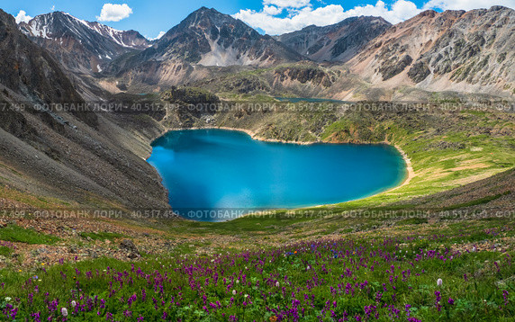 Panoramic view to mountain lake in the shape of a heart. Atmospheric green landscape with lake in high mountain valley. Great scenery with mountain lake in highland glen. Стоковое фото, фотограф Саблин Станислав / Фотобанк Лори
