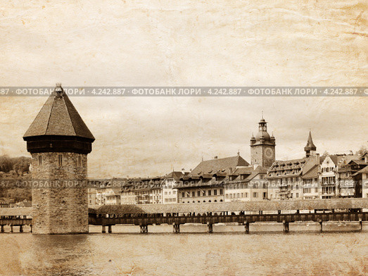 Панорамный вид на мост Капельбрюкке, Люцерн Швейцария (2012 год). Стоковое фото, фотограф Воронин Владимир Сергеевич / Фотобанк Лори