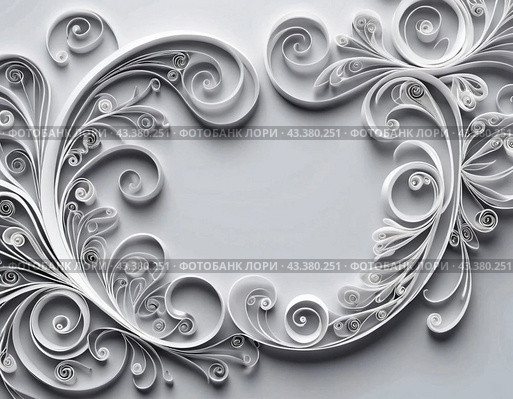 Paper flowers crafted using the quilling technique. The flowers are in shades of gray and white and are arranged in a circular pattern on a grey background. Frame with copy space. AI generated. Стоковое AI-изображение, AI-художник Юлия Петровская / Фотобанк Лори