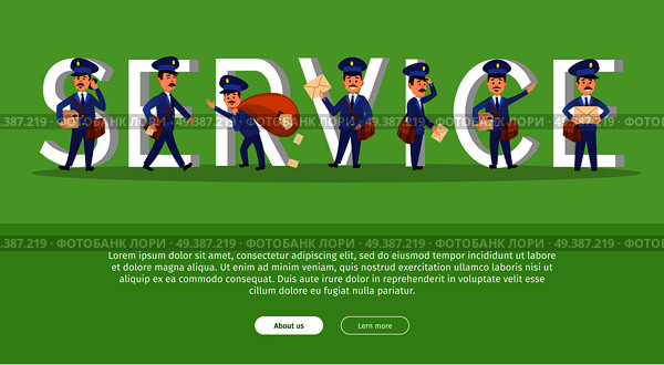 Parcel conceptual web banner with cartoon postman characters. Funny postal couriers delivering letter and parcel flat vector illustration. Horizontal concept with mailman for mail service landing page. Parcel Conceptual Web Banner with Cartoon Postman. Стоковая иллюстрация, агентство Ingram Publishing / Фотобанк Лори
