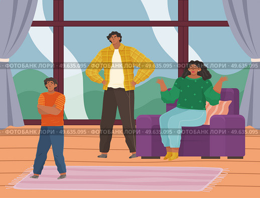 Parent adolescent conflict, problems of adults and children. Mother and father scold son at home. Problem of upbringing kids. Family conflict, naughty rough boy. Mom talks to disobedient teenager. Parent adolescent conflict, problems of adults and children. Mother and father scold son at home. Стоковая иллюстрация, агентство Ingram Publishing / Фотобанк Лори