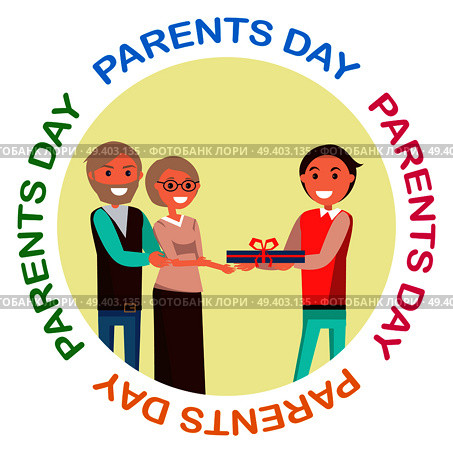Parents` Day banner with colorful inscription. Vector illustration of cheerful son giving his middle-aged mother and father present. Parents’ Day Banner with Colorful Inscription. Стоковая иллюстрация, агентство Ingram Publishing / Фотобанк Лори