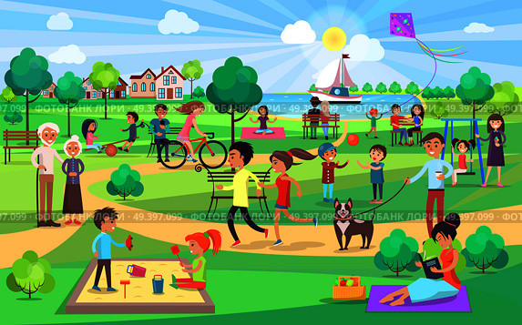 Park activities vector illustration. Kids play together on swings with kite, couples on benches and jogging, man with dog, women do yoga and read book. Big Green Park with People of all Ages on Nice Day. Стоковая иллюстрация, агентство Ingram Publishing / Фотобанк Лори